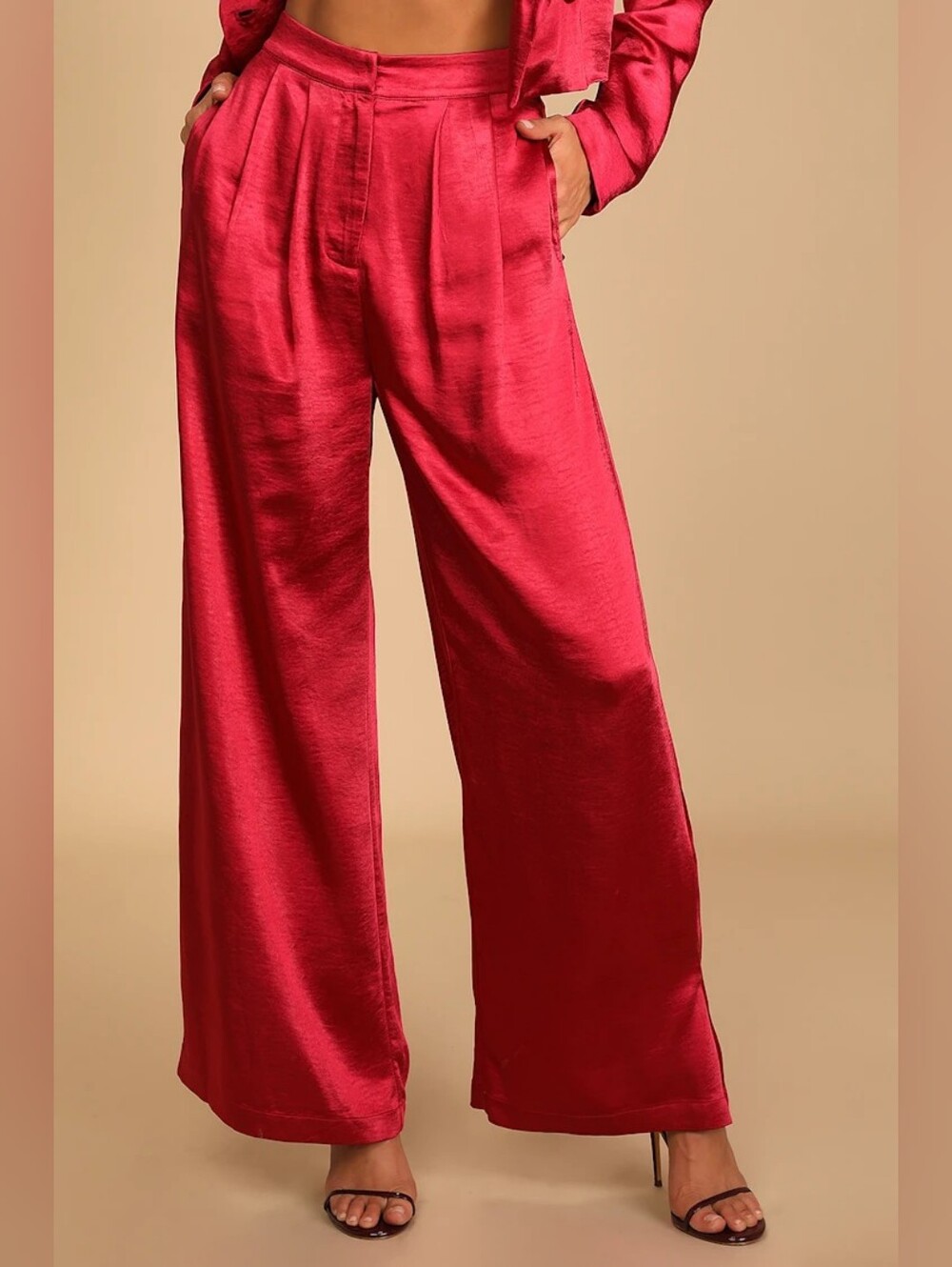 NWT Lulus Very Merry Berry Red Satin Wide-Leg Trouser Pants Size XS